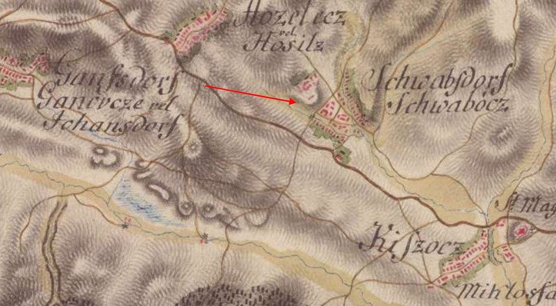 Mapa 1. Švábovce (okr. Poprad), 1. vojenské mapovanie 1782-1785, šípka označuje lokalitu (zdroj: mapire.eu/en/map/firstsurvey-hungary/)  