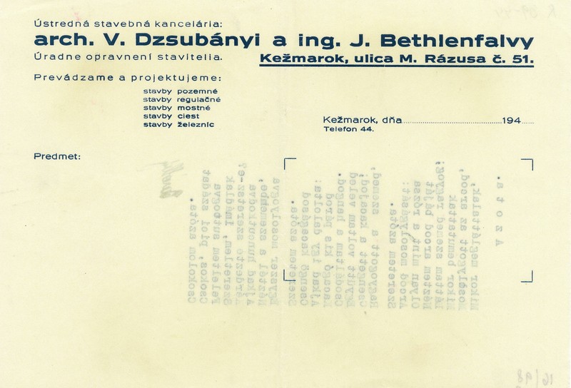 Hlavičkový papier firmy Dzsubányi a Bethlenfalvy (foto: Múzeum v Kežmarku)