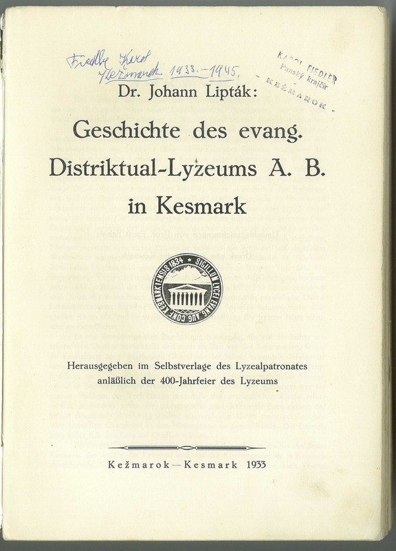 Prvá strana Liptákovej publikácie (foto: Múzeum v Kežmarku)