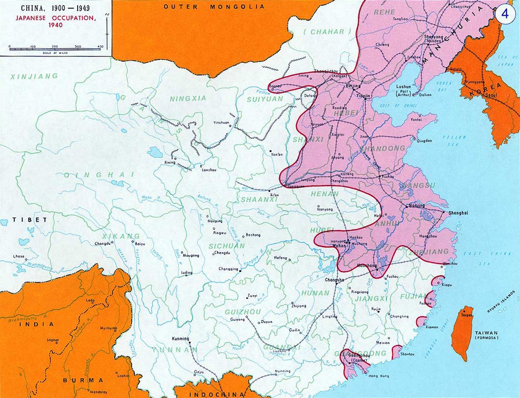 Mapa Číny počas okupácie japonskými vojskami v roku 1940 (foto: cs.wikipedia.org) Mapa Číny počas okupácie japonskými vojskami v roku 1940 (foto: cs.wikipedia.org)