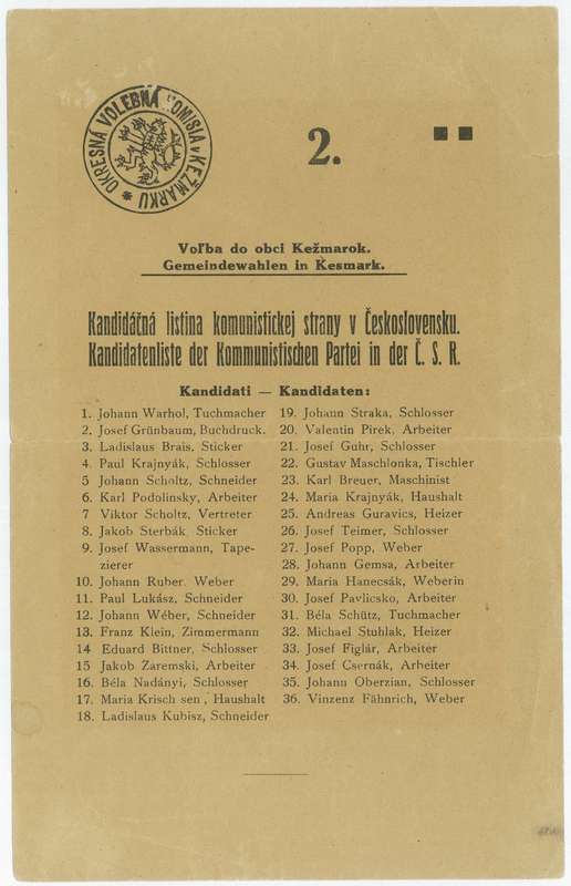 Kandidačná listina komunistickej strany v Československu (Múzeum v Kežmarku)