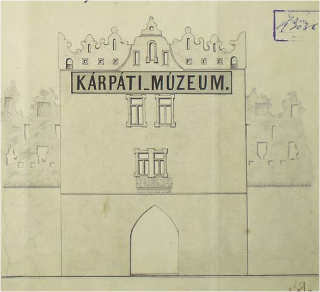 Návrh prestavby bránovej veže z roku 1877 Magyar Építészeti Múzeum és Műemlékvédelmi Dokumentációs Központ Budapešť