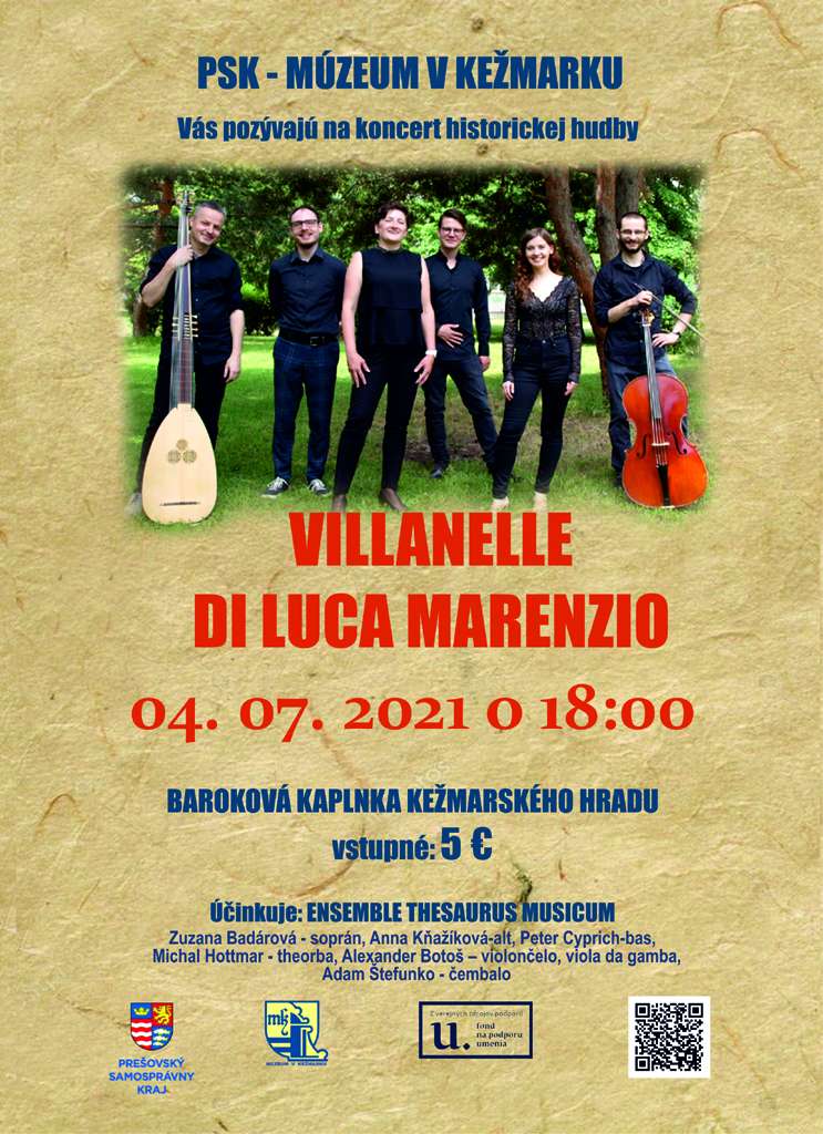 Plagát k podujatiu koncert historickej hudby - Villanelle Di Luca Marenzio v podaní Ensemble Thesaurus Musicum.